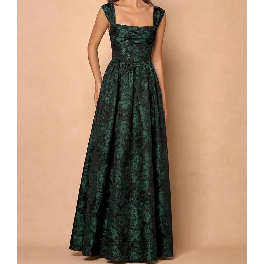 Azazie Atelier Runa Maxi Dress US 24 Emerald Black Floral Jacquard Corset NWT